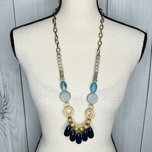 Large Beaded Necklace Multi Pendant Gold Tone 17" Crystal Glass Wood